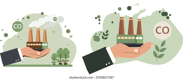 Illustration of a hand holding a factory emitting smoke, representing industrial pollution, carbon emissions, and environmental impact, highlighting sustainability concerns, climate change, 