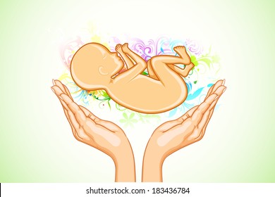 illustration of hand holding female fetus on abstract floral background