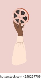 Illustration of a hand holding a film reel. The hand, with dark skin tone, grips the reel. Film reel and hand, artistic and minimalist design. Aesthetic vector illustration.