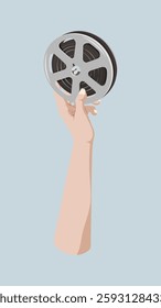 Illustration of a hand holding a film reel. The hand is extended upward, gripping the reel. Film reel and hand are central elements in the image. Vector illustration.