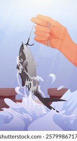 Illustration of a hand holding a fishing line with a freshly caught fish splashing out of the water, symbolizing success, adventure, and the thrill of fishing