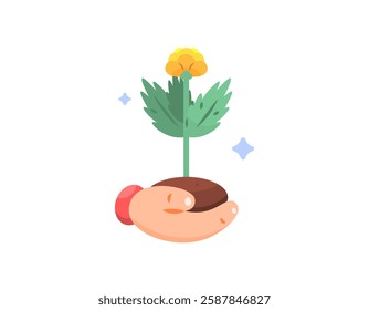 illustration of a hand holding a flower seedling to be planted. let's plant flowers. plant a flower day celebration. preserving and gardening. symbols and nature. flat style design. elements