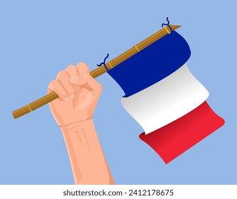 Illustration of a hand holding the French flag. Hand carrying the French flag illustration isolated on blue background. France flag in hand icon.