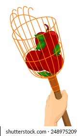 Illustration of a Hand Holding a Fruit Picker With Apples in It