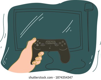 Illustration of hand holding gaming console in cartoon vector
