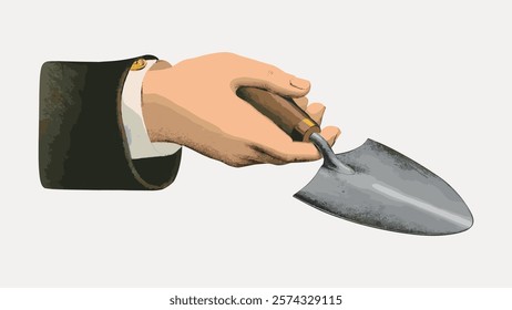 Illustration of a hand holding a garden trowel. The hand, in a suit sleeve, grips the trowel firmly. Gardening tool, trowel, hand, and suit depicted. Vintage illustration isolated on white, vector.