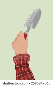 Illustration of a hand holding a gardening trowel. The hand wears a red plaid shirt. The trowel is silver, ideal for gardening tasks. Simple and clean design. Vector illustration.