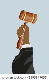 Illustration of a hand holding a gavel, symbolizing justice and authority. The gavel, a key tool in law, represents decision-making and courtroom proceedings. Vector illustration.