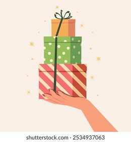 Illustration of  hand holding gift box. Christmas and Holiday Gifts.