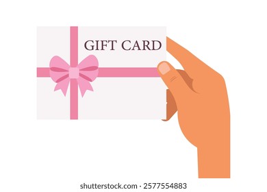 Illustration of a hand holding a gift card with a pink ribbon. Perfect for shopping, rewards, vouchers, e-gifts, promotions, discounts, loyalty programs, and festive gifting concepts.