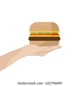 Illustration With A Hand Holding Or Giving A Burger On White Background