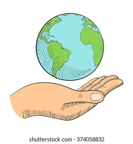Illustration of a hand holding globe