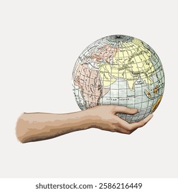 Illustration of a hand holding a globe. The globe shows continents and oceans. The hand supports the globe, symbolizing global connection and responsibility. Vintage art illustration, vector.