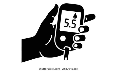 Una ilustración de una mano sosteniendo un glucómetro para verificar los niveles de azúcar en la sangre. Es un gráfico de Vector simple y aislado sobre un fondo blanco. Concepto médico y de salud.