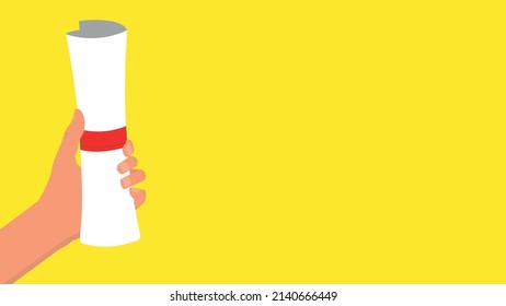 Illustration of a hand holding a graduation diploma. Yellow background. Graduation concept. Completion of studies.