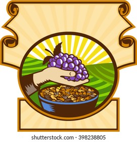 Illustration of a hand holding grapes with raisins in a bowl set inside an oval shape set inside a crest with sunburst in the background done in retro woodcut style. 
