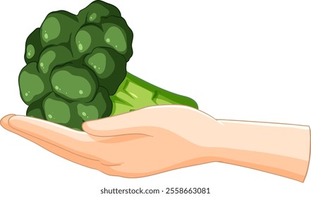 Illustration of a hand holding green broccoli