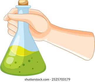 Illustration of a hand holding a green flask
