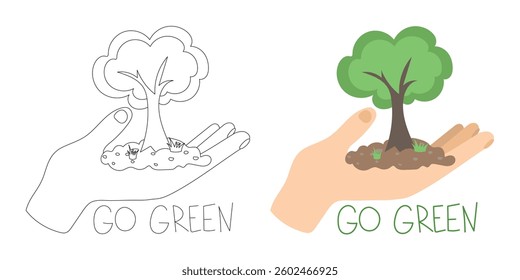 Illustration of a hand holding a growing tree with soil, featuring go green text. Promotes reforestation, environmental responsibility, and ecological protection.