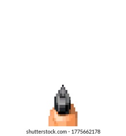 Illustration hand holding gun isolated from old First-Person Shooter computer game, the pixel art of FPS game