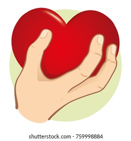 Illustration Hand holding a heart, caucasian. Ideal for institutional and romantic materials
