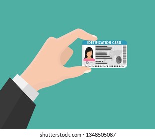 Illustration of hand holding the id card. Vector illustration flat design. The idea of personal identity. ID card, Identification card, identity verification, person data. 