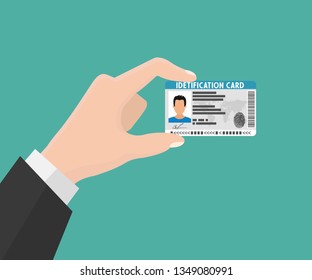 Illustration Of Hand Holding The Id Card. Vector Illustration Flat Design. The Idea Of Personal Identity. ID Card, Identification Card, Identity Verification, Person Data. 