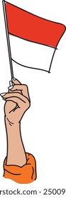 Illustration of a hand holding an Indonesian flag, a vector commemorating independence day	