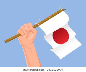 Illustration of a hand holding the Japan flag. Hand carrying the Japan flag illustration isolated on blue background. Japan flag in hand icon.