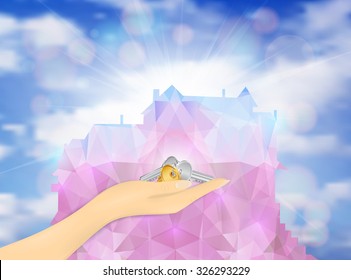 Illustration of hand holding key bunch and triangle house on cloudy sky background
