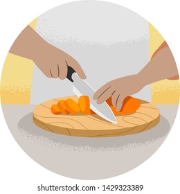 Illustration of a Hand Holding Knife Slicing or Cutting Carrots on Chopping Board. Kitchen Verb Slice