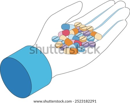 Illustration of a hand holding a large amount of medicine