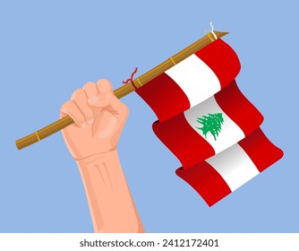 Illustration of a hand holding the Lebanon flag. Hand carrying the Lebanon flag illustration isolated on blue background. Lebanon flag in hand icon.
