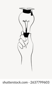 Illustration of a hand holding a light bulb with a graduation cap. The image symbolizes education, innovation, and achievement. Minimalist and creative design. Line art illustration vector.