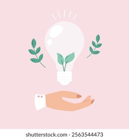 Illustration of hand holding lightbulb for green and renewable energy concepts. Vector design for eco themes