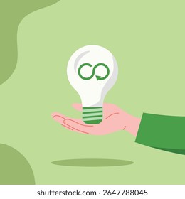Illustration of a hand holding a lightbulb with a green recycle arrow design against a pale green background, evoking sustainability and creative solutions for environmental marketing.