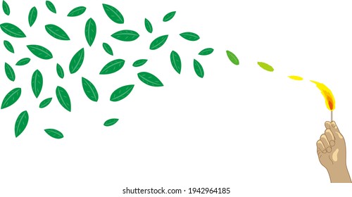 Illustration of a hand holding a lit match. The flame of the match is swept away by the wind and gradually turns into leaves. Imaginary illustration of carbon neutral. Created with vector data.