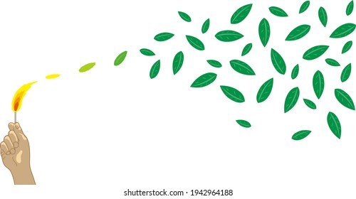 Illustration of a hand holding a lit match. The flame of the match is swept away by the wind and gradually turns into leaves. Imaginary illustration of carbon neutral. Created with vector data.