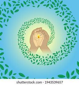 Illustration of a hand holding a lit match. A swirl of leaves surrounds the fire. Imaginary illustration of carbon neutral. Created with vector data.
