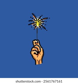 Illustration of a hand holding a lit sparkler against a blue background, symbolizing celebration, festive joy, and holiday spirit. The vibrant composition conveys excitement and festive charm.