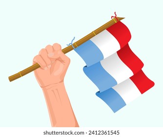 Illustration of a hand holding the Luxembourg flag. Hand carrying the Luxembourg flag illustration isolated on blue background. Luxembourg flag in hand icon.