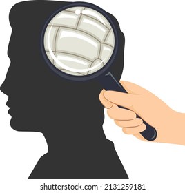 Illustration of a Hand Holding a Magnifying Glass Showing Skull of the Brain of a Man Silhouette. Phrenology Study