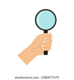 Illustration of hand holding magnifying glass in flat style.