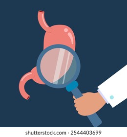 Illustration of a hand holding a magnifying glass examining a stomach, symbolizing gastrointestinal health, diagnosis, and medical examination.