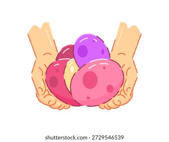 illustration of a hand holding many easter eggs. finding eggs with patterns and various colors. presenting or giving a gift of eggs. celebration, festive, event, easter party. flat style outline crayon. element, white background