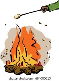 Illustration of hand holding marshmallow stick over single burning hot campfire