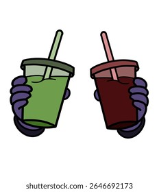 ilustração de uma mão segurando matcha e xícaras de café, simbolizando um contraste entre estilos de vida saudáveis e energéticos