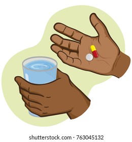 Illustration of hand holding medicines and other hand with glass of water, afro descent. Ideal for catalogs, information and institutional material and health