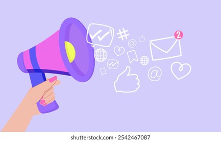 Ilustração de uma mão segurando um megafone com vários ícones de mídia social, simbolizando o engajamento online, a comunicação e o marketing digital.