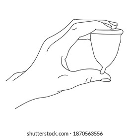 Illustration of a hand holding a menstrual Cup. Eco friendly option for replacing pads and tampons. An environmentally friendly alternative. Feminine hygiene. Black and white drawing in linear style